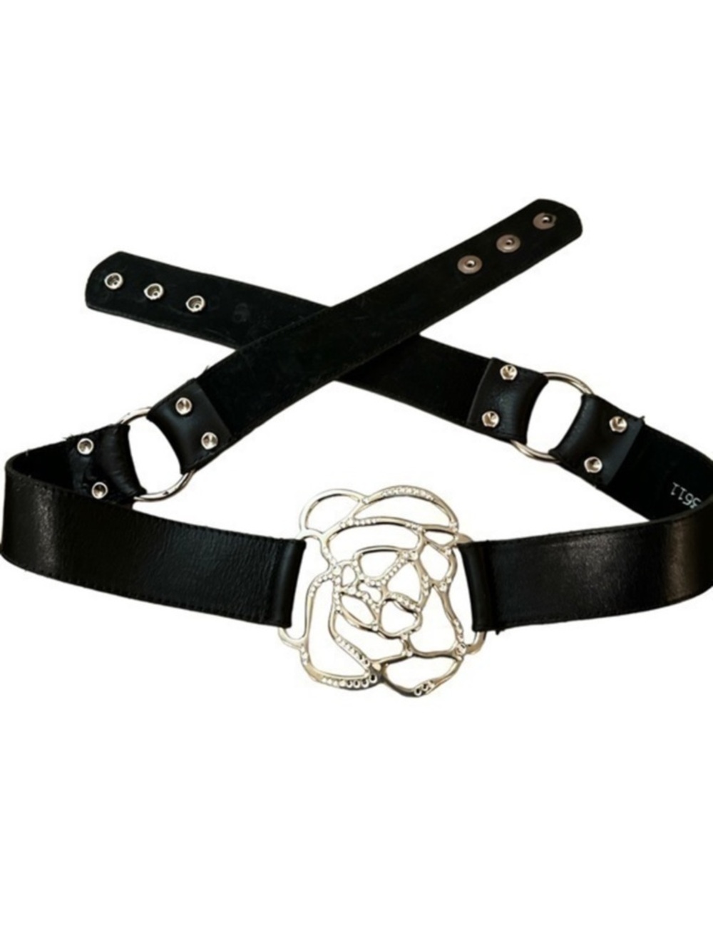 Vintage Cache statement belt black leather silver hardware rhinestones EUC